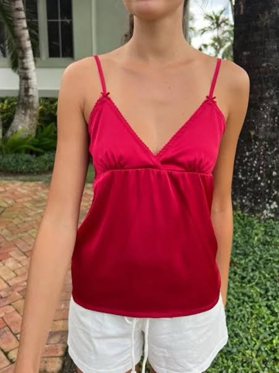 Brandy Melville Tops - Brandy Melville Women's Red Satin V-Neck Cami Top